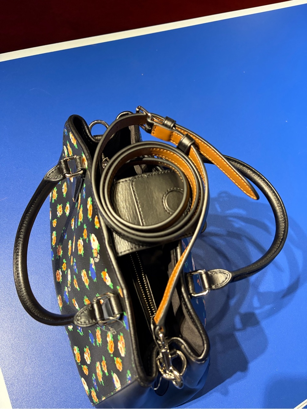Coach Black Leather Satchel with Orange & Blue Floral Print - Picture 5 of 8
